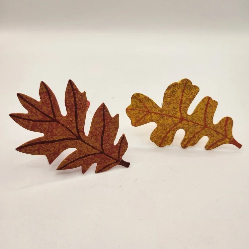 Set Of 8 Fall Leaves Flowers Metal Napkin Ring Holders Hand Painted Thanksgiving